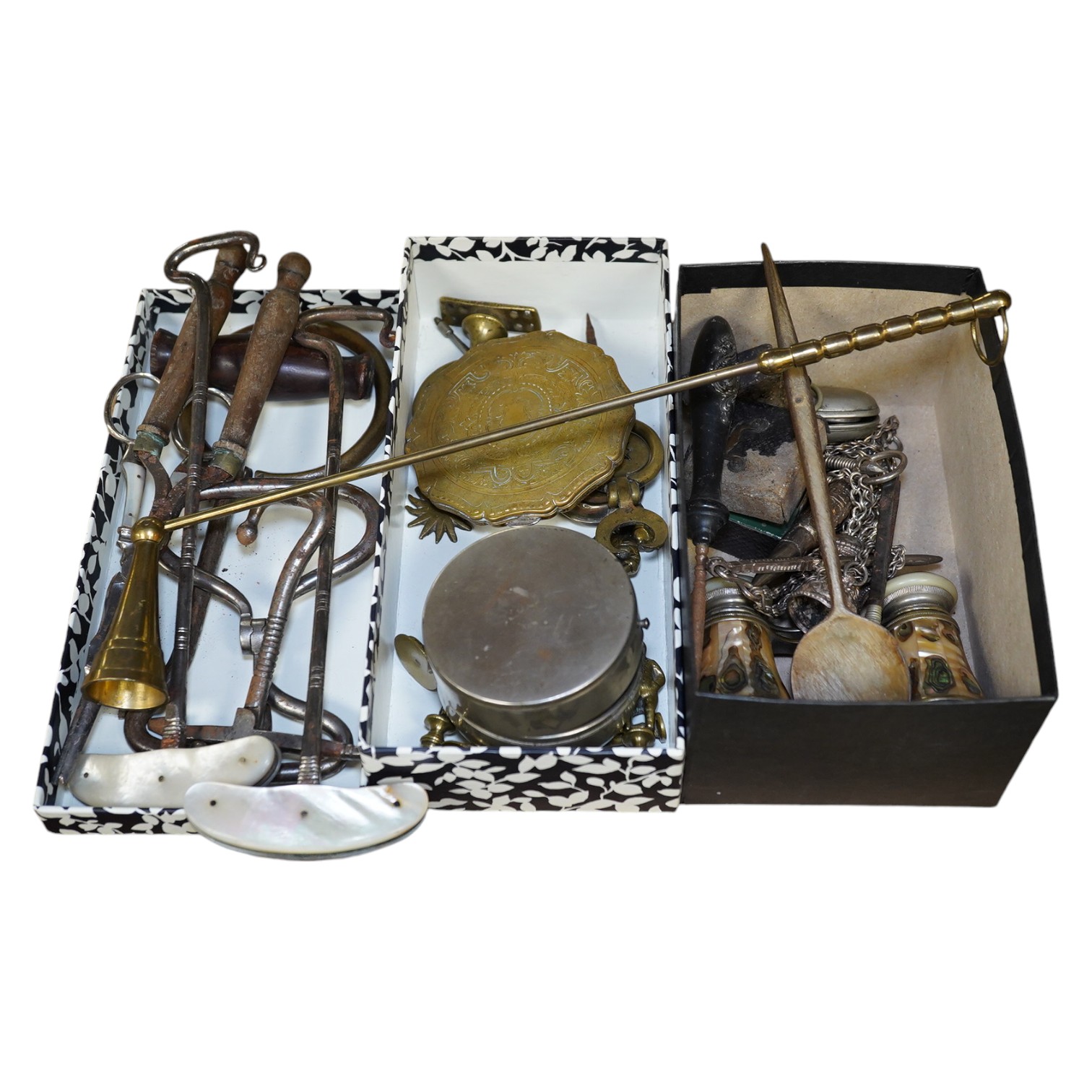 A collection of mixed collectables, to include boot layers, candle snuffer and mirrored compact. Condition - varies, mostly fair